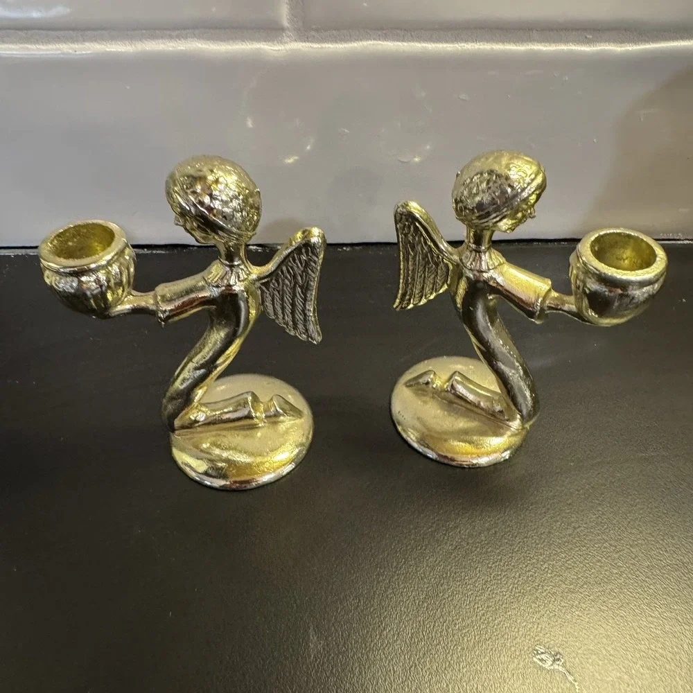 Brass Kneeling Angel Set of 2 Taper Candle Holders 3.5